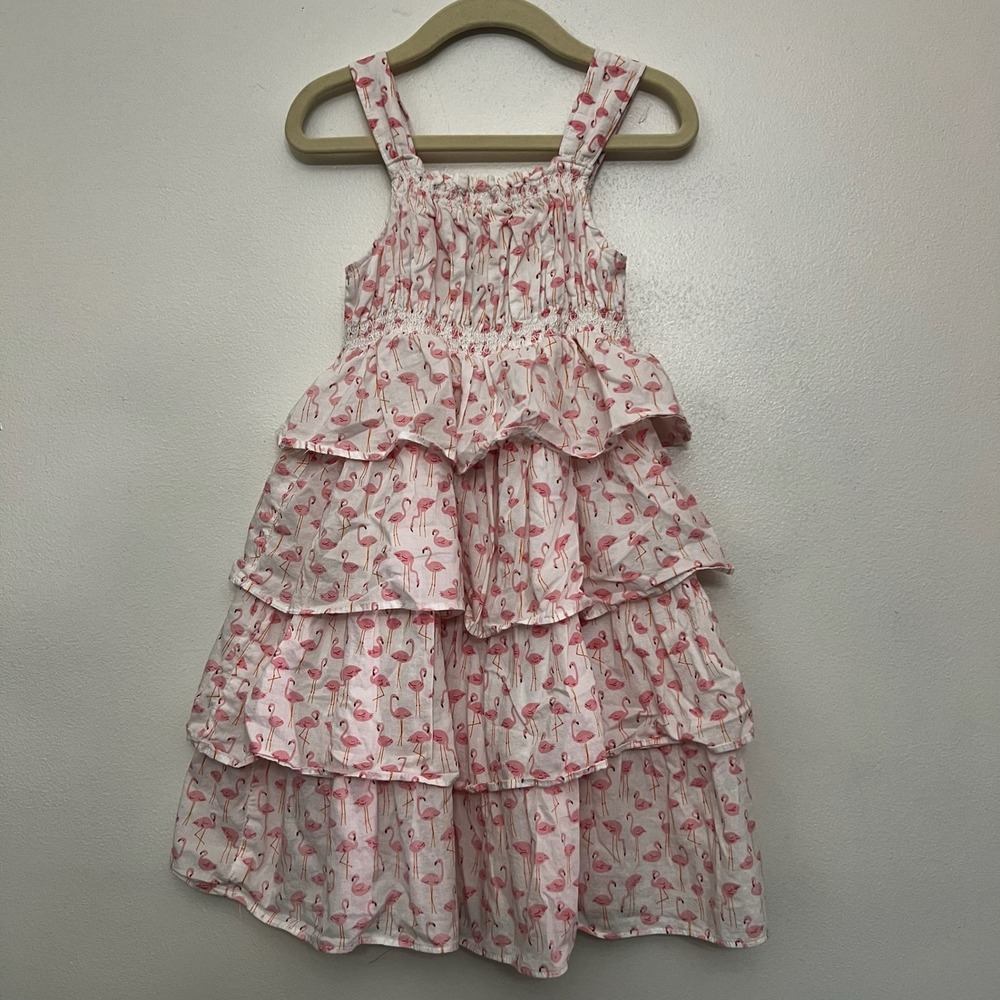 Lands' End Kids Flamingo Dress Tiered Ruffle Sleeveless Summer Size 6